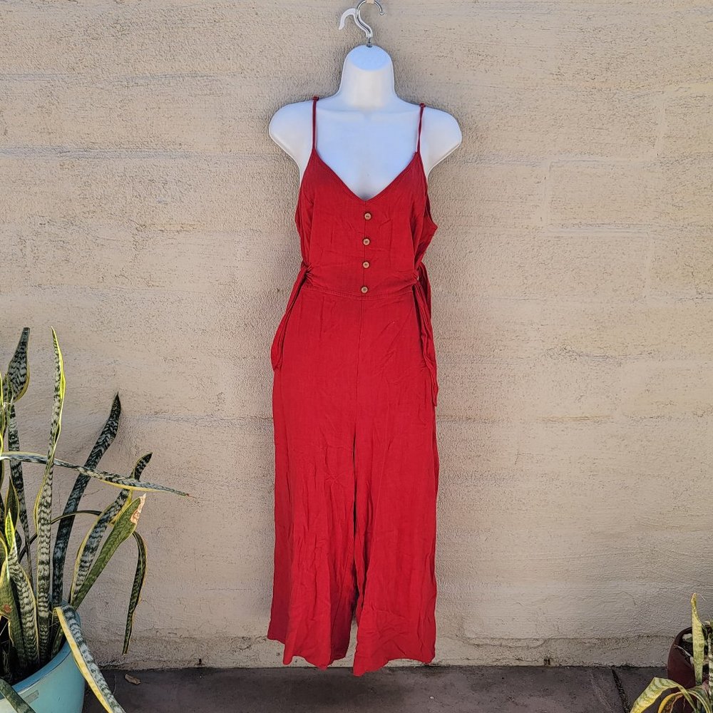 Band of Gypsies L Red Tie Side Wide Leg Romper Jumpsuit Strappy Pockets